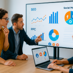 Équipe marketing examinant des graphiques SEO et PPC sur grand écran, symbole du choix d’une agence marketing digital